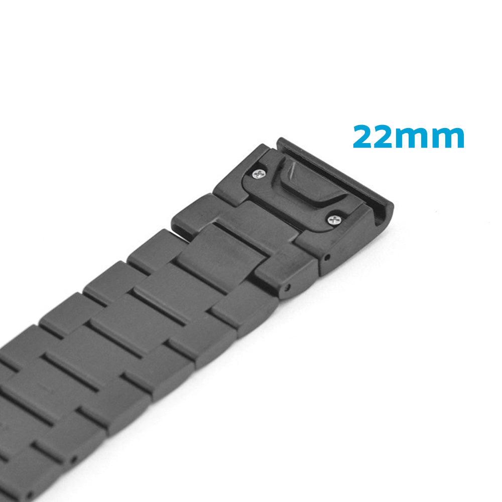 Black stainless steel replacement smartwatch band for Garmin devices with quick fit connector — view 2