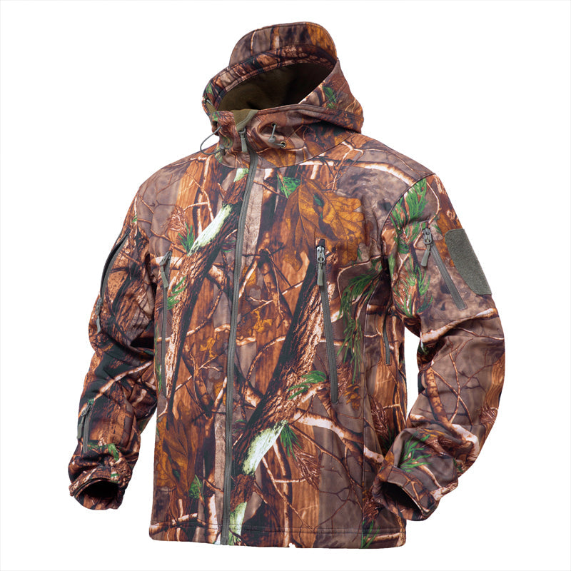 Men's camouflage hunting jacket with adjustable hood and multiple tactical zipper pockets — view 5