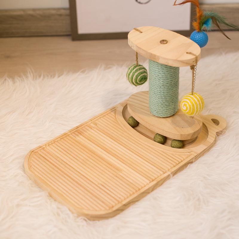 Interactive wooden cat scratcher maze toy with solid wood balls and turntable design — view 2