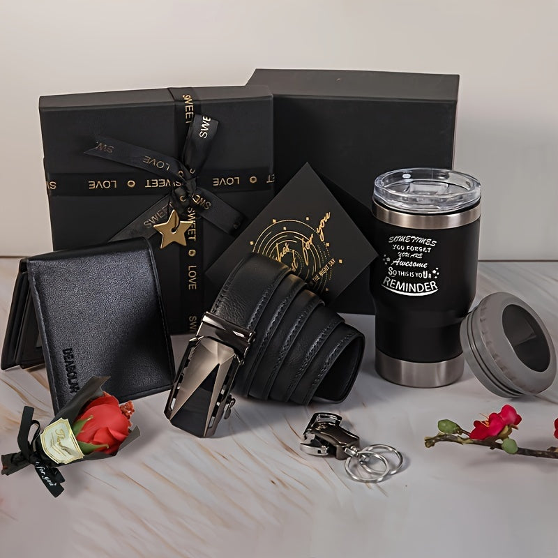 Men's 6-piece accessory gift set featuring a leather wallet, belt, keychain, cooler, and greeting card — view 2