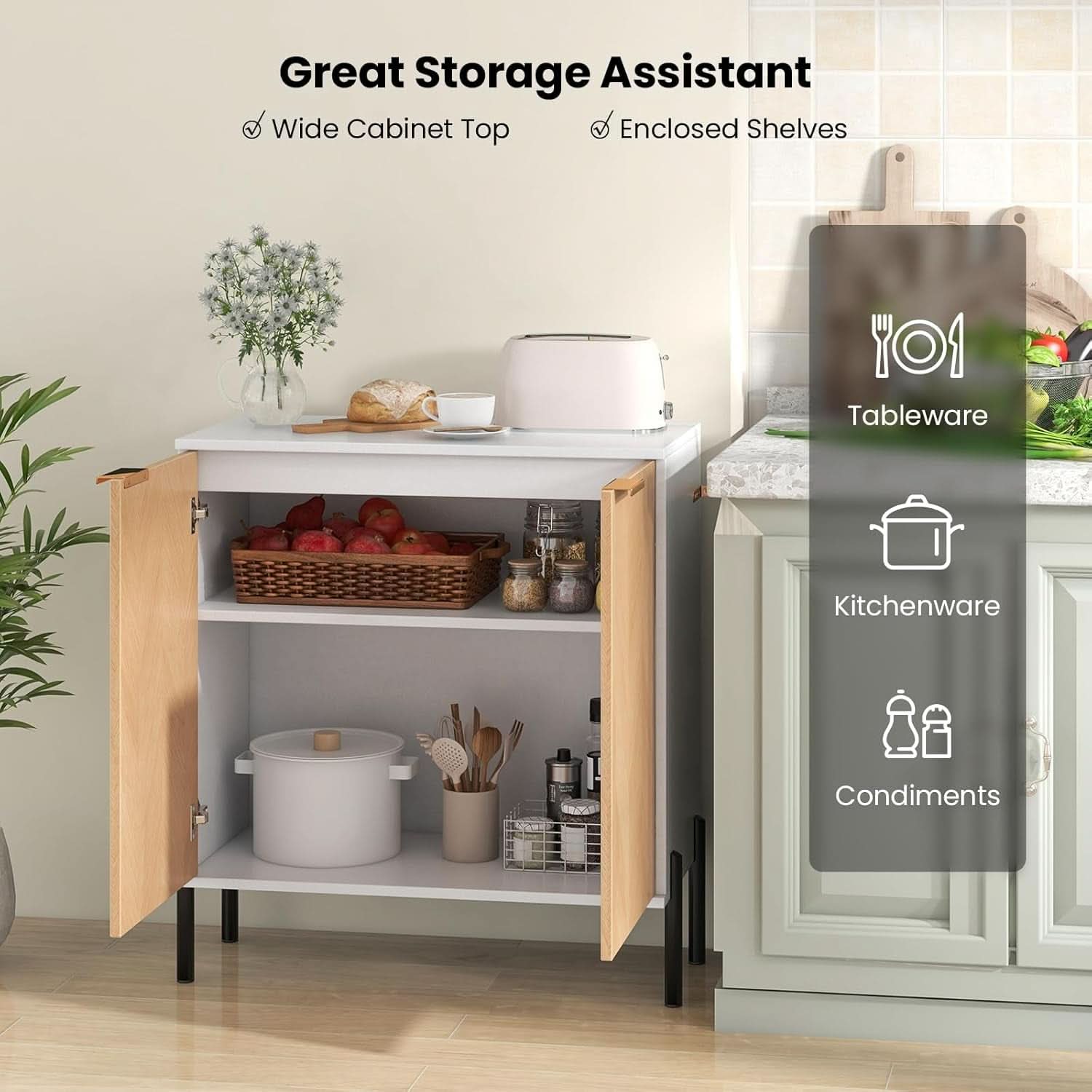 Modern two-door buffet cabinet in white and natural wood finish with sturdy metal base — view 5
