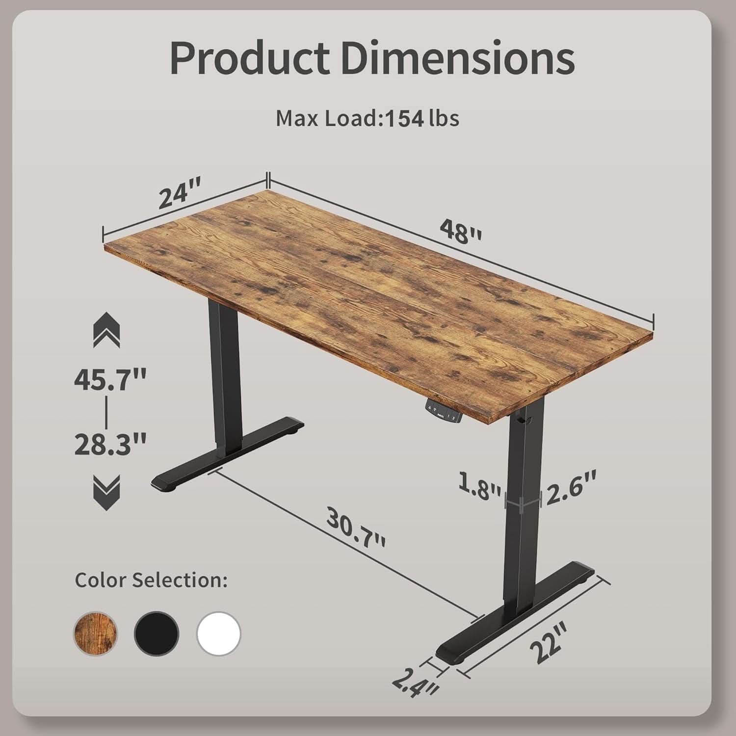 Rustic brown electric standing desk with black steel T-shaped frame and adjustable height features — view 3