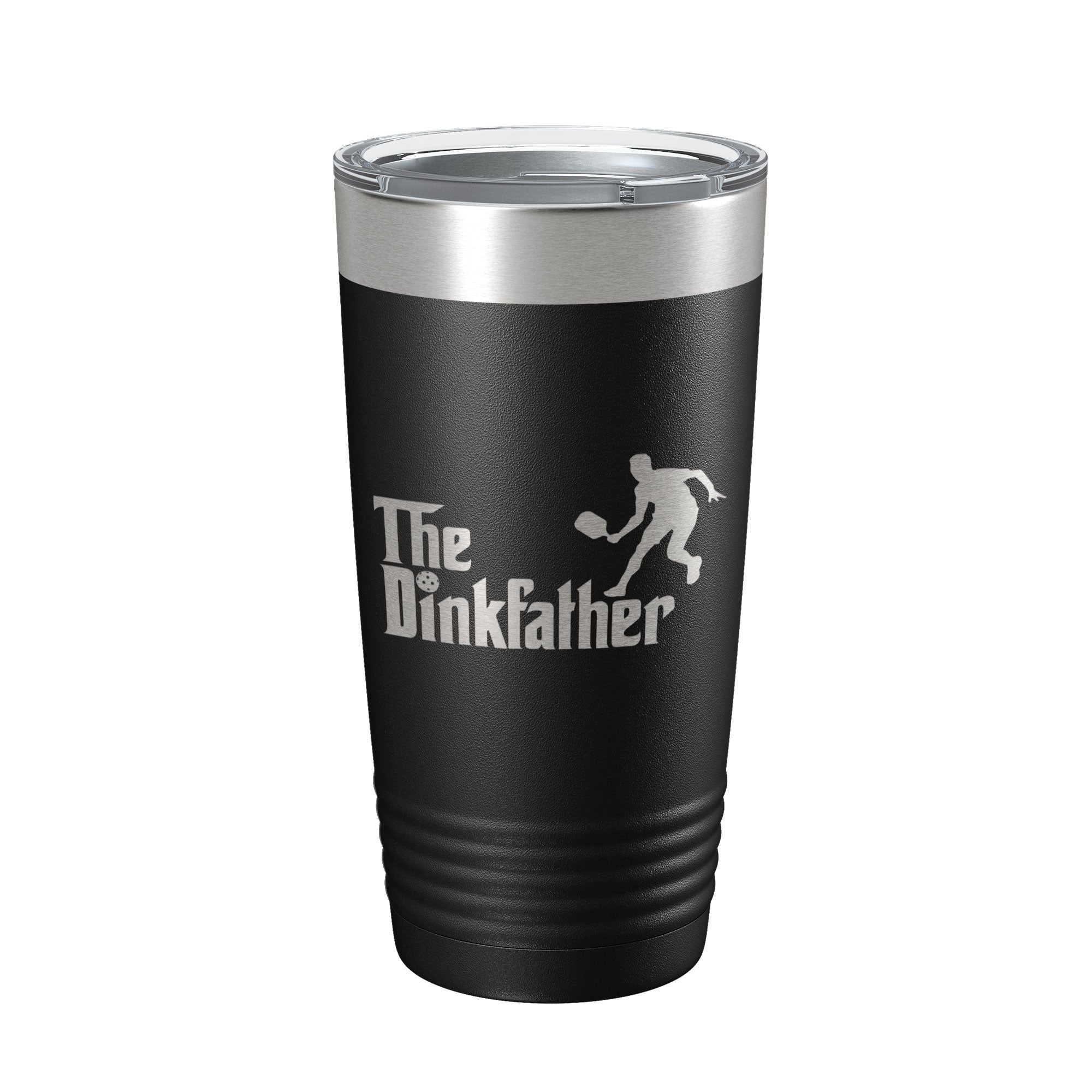 The Dinkfather funny 20oz insulated pickleball travel tumbler made of stainless steel with clear lid