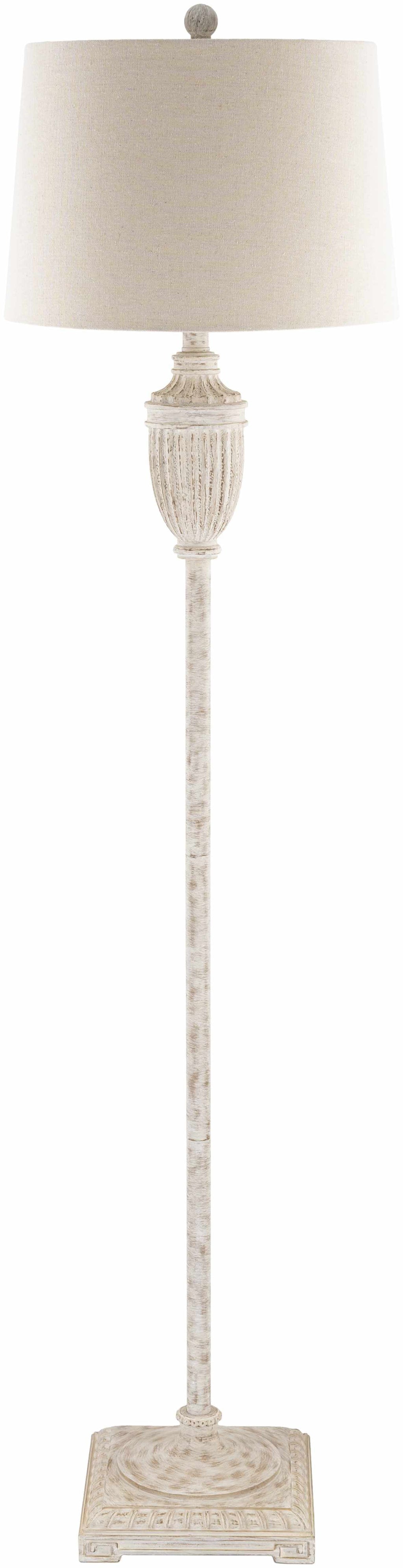 Traditional floor lamp featuring a detailed gray resin base and a classic white linen lamp shade