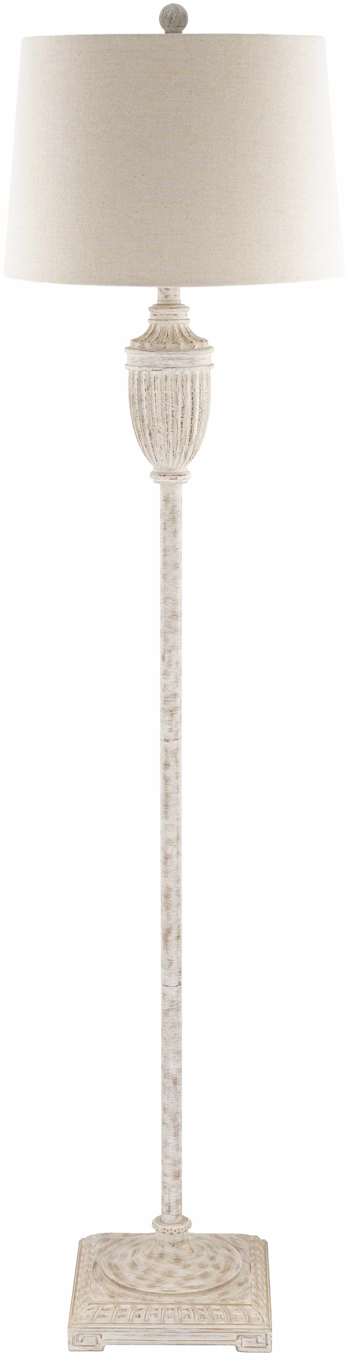 Traditional floor lamp featuring a detailed gray resin base and a classic white linen lamp shade