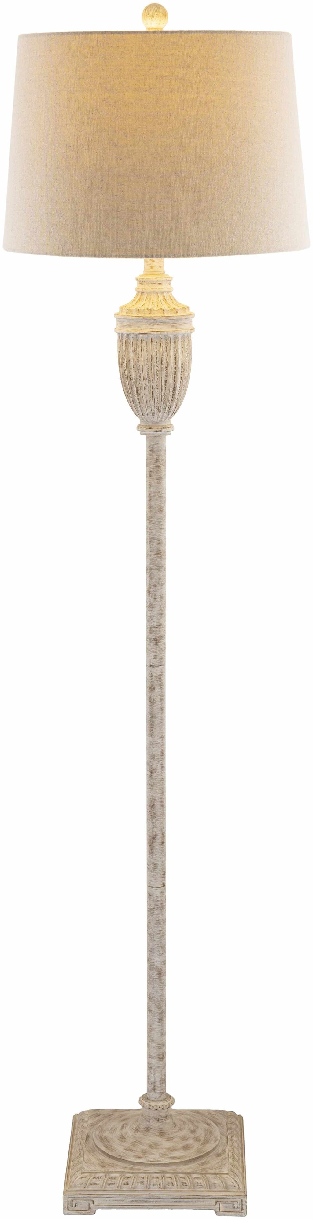 Traditional floor lamp featuring a detailed gray resin base and a classic white linen lamp shade — view 4