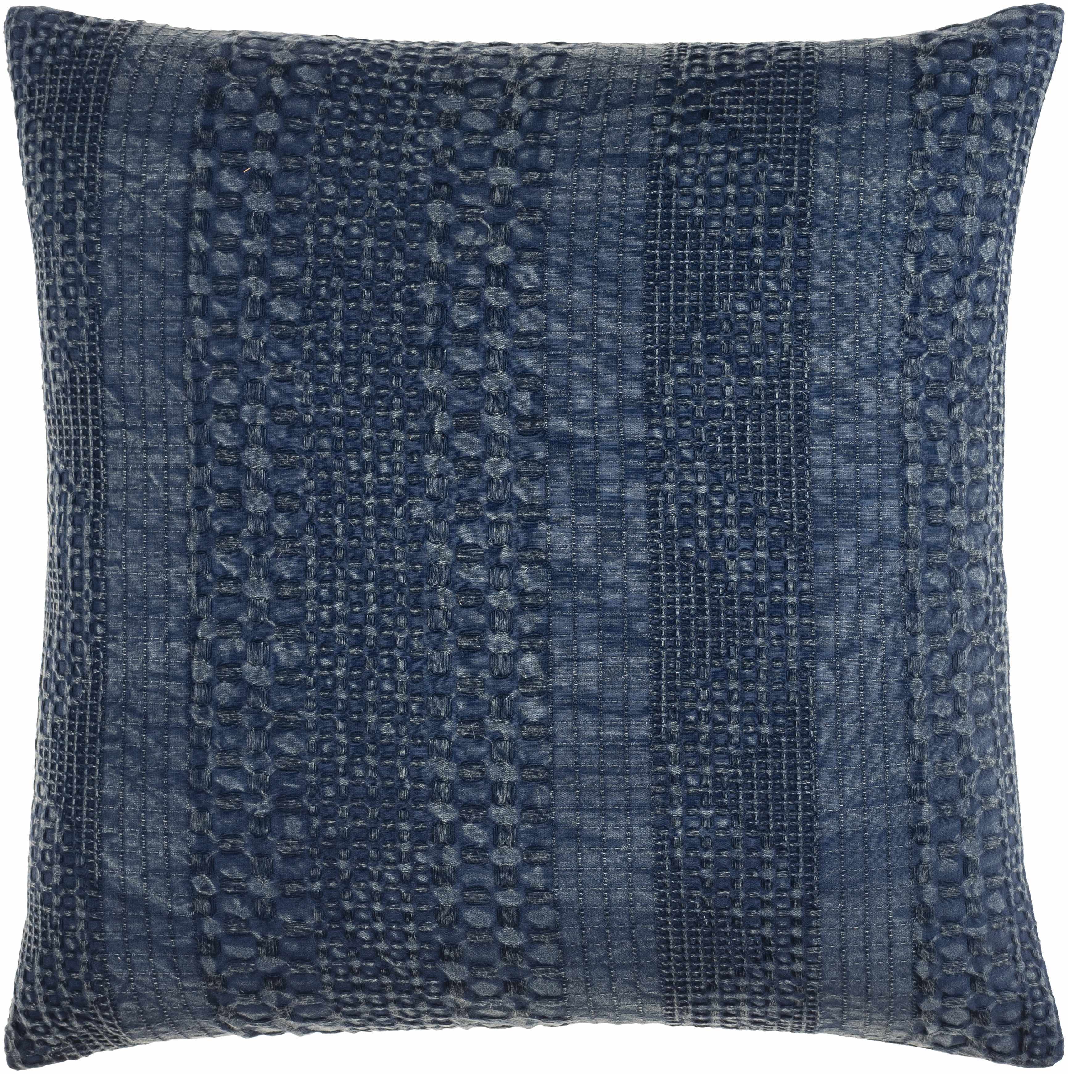 Square navy blue 100% cotton woven throw pillow cover featuring subtle abstract texture details