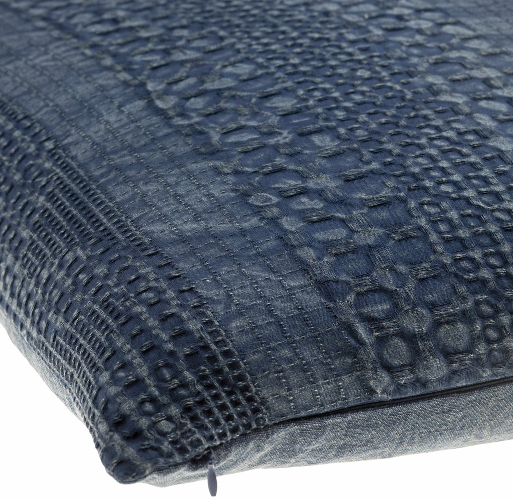Square navy blue 100% cotton woven throw pillow cover featuring subtle abstract texture details — view 2