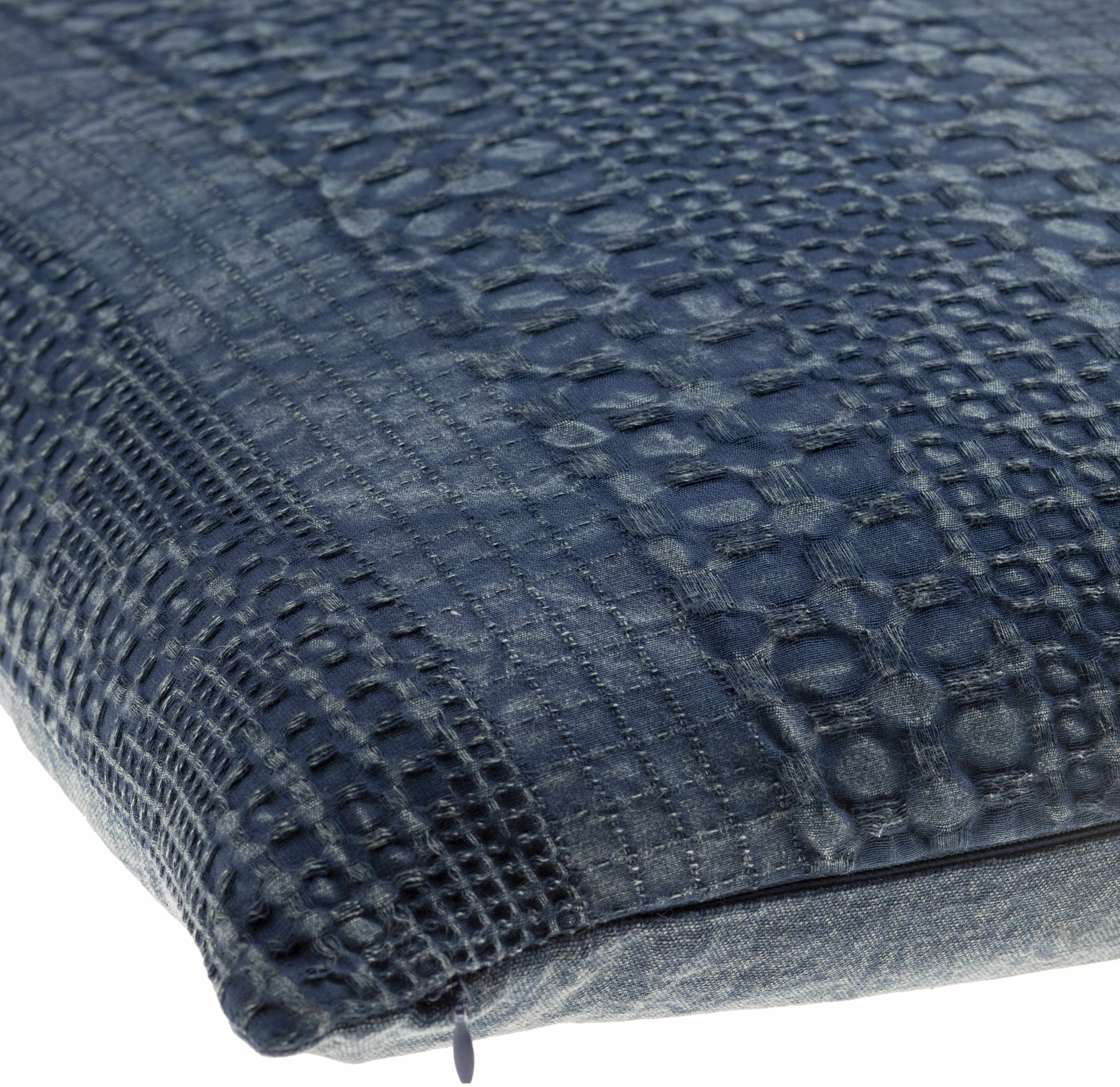 Square navy blue 100% cotton woven throw pillow cover featuring subtle abstract texture details — view 2