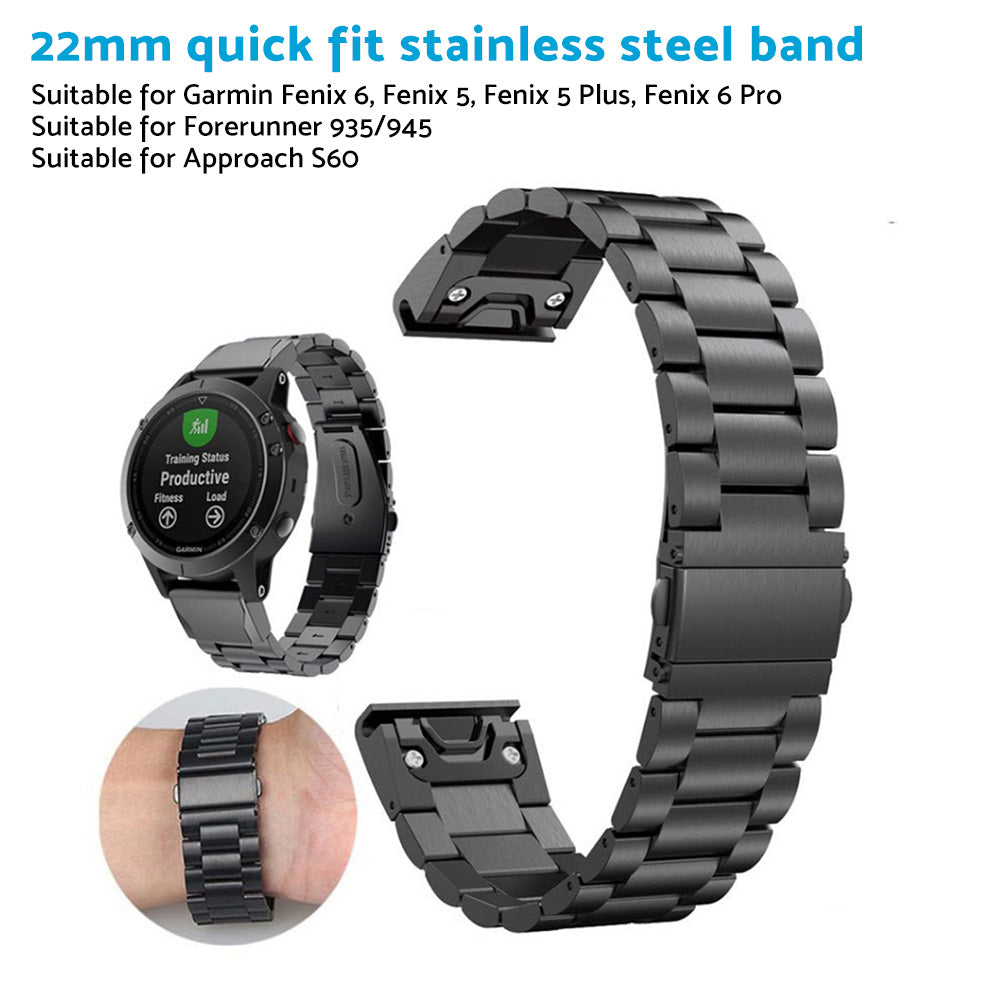 Black stainless steel replacement smartwatch band for Garmin devices with quick fit connector — view 4