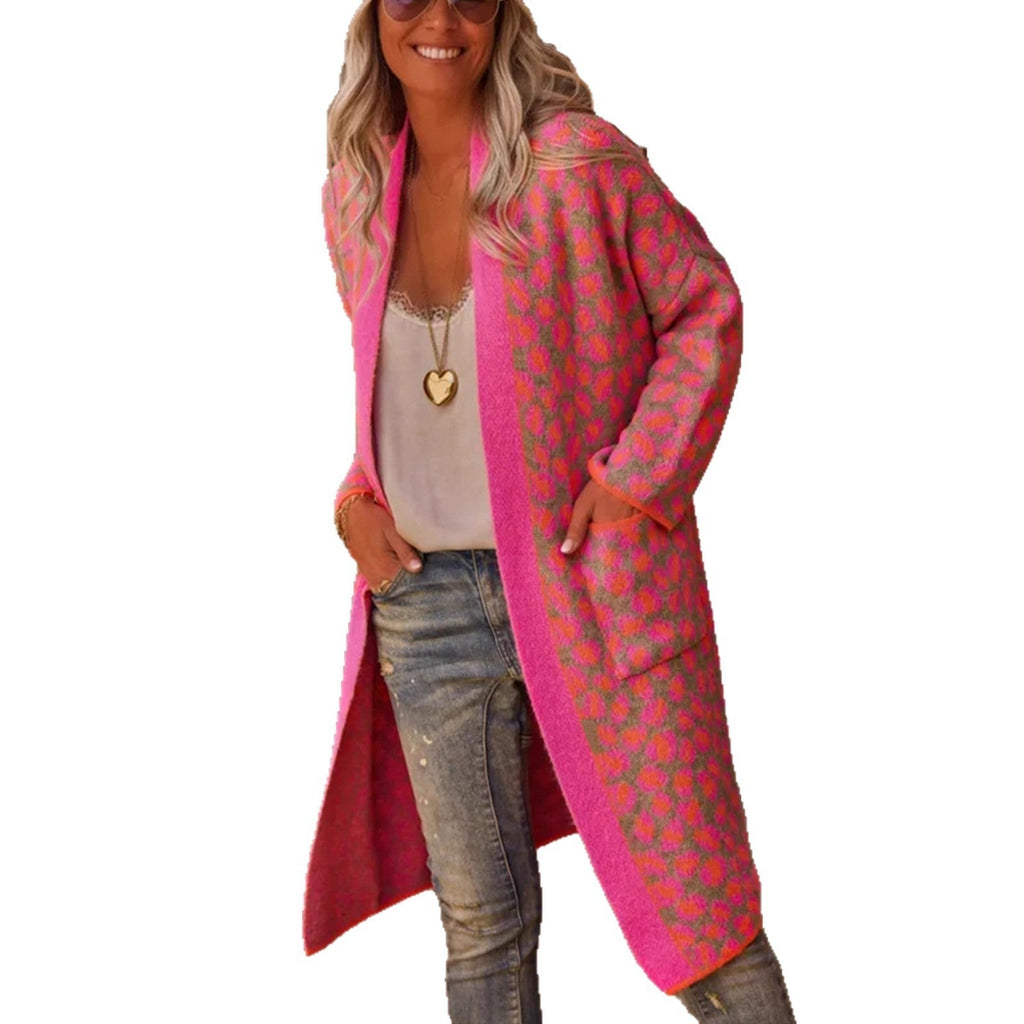 Rose red leopard print long knit cardigan for women with front pockets and loose fit — view 5
