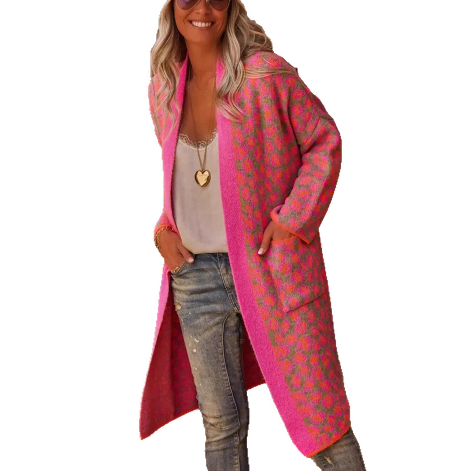 Rose red leopard print long knit cardigan for women with front pockets and loose fit — view 5
