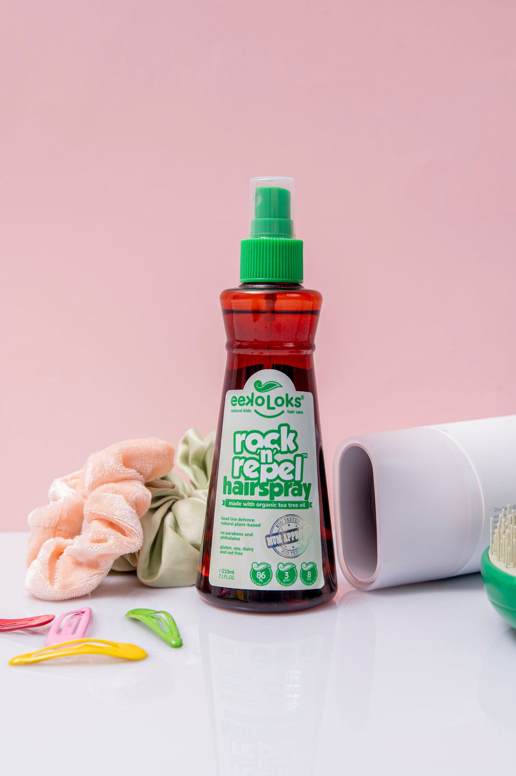 Bottle of Rock’n’Repel organic plant-based kids hairspray for medium hold and daily hair protection — view 3