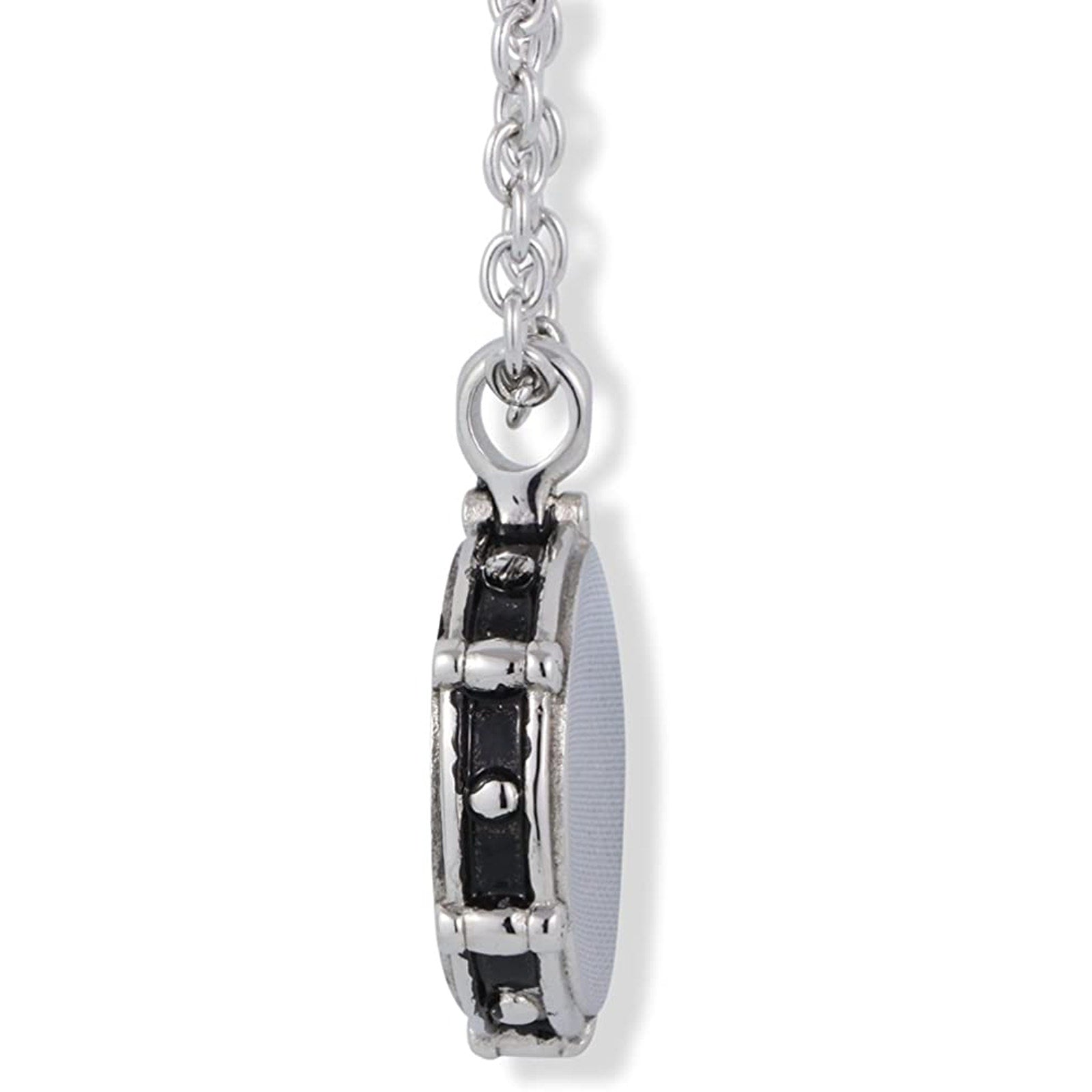Silver metal snare drum charm necklace and matching drumsticks keychain for musicians — view 4