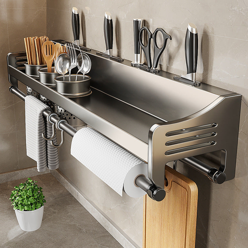 Bronze wall-mounted stainless steel kitchen storage rack with utensil cups, knife slots, and hanging hooks. — view 2