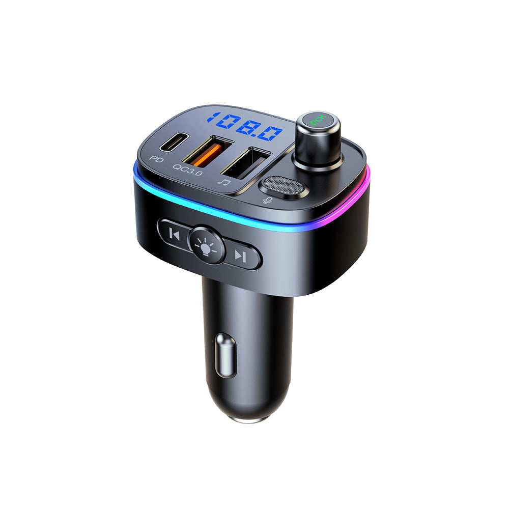Black wireless Bluetooth FM transmitter car adapter with digital display and LED ring light. — view 5