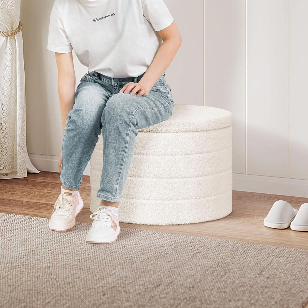 White round storage ottoman in soft teddy fabric with reversible wooden tray table top — view 2