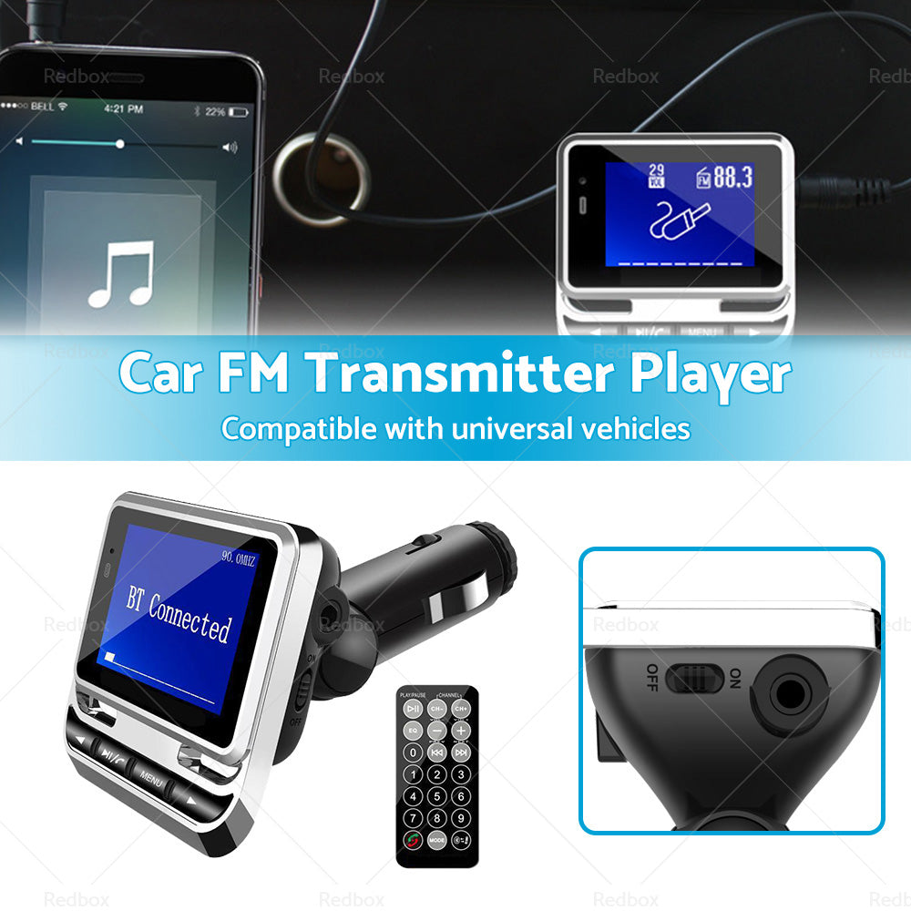 Bluetooth car FM transmitter with LCD screen and remote control plugged into a dashboard — view 3