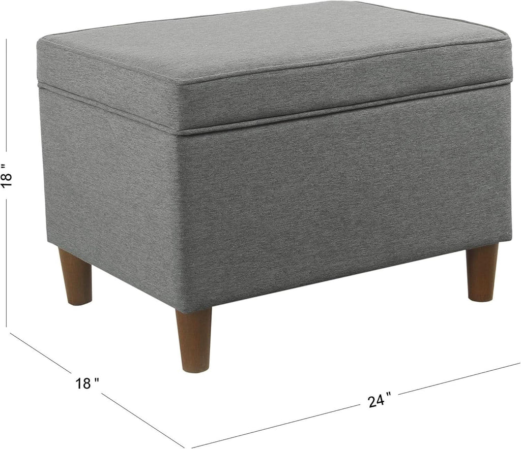 24 inch gray fabric hidden storage ottoman with hinged lid and dark walnut wood legs — view 2