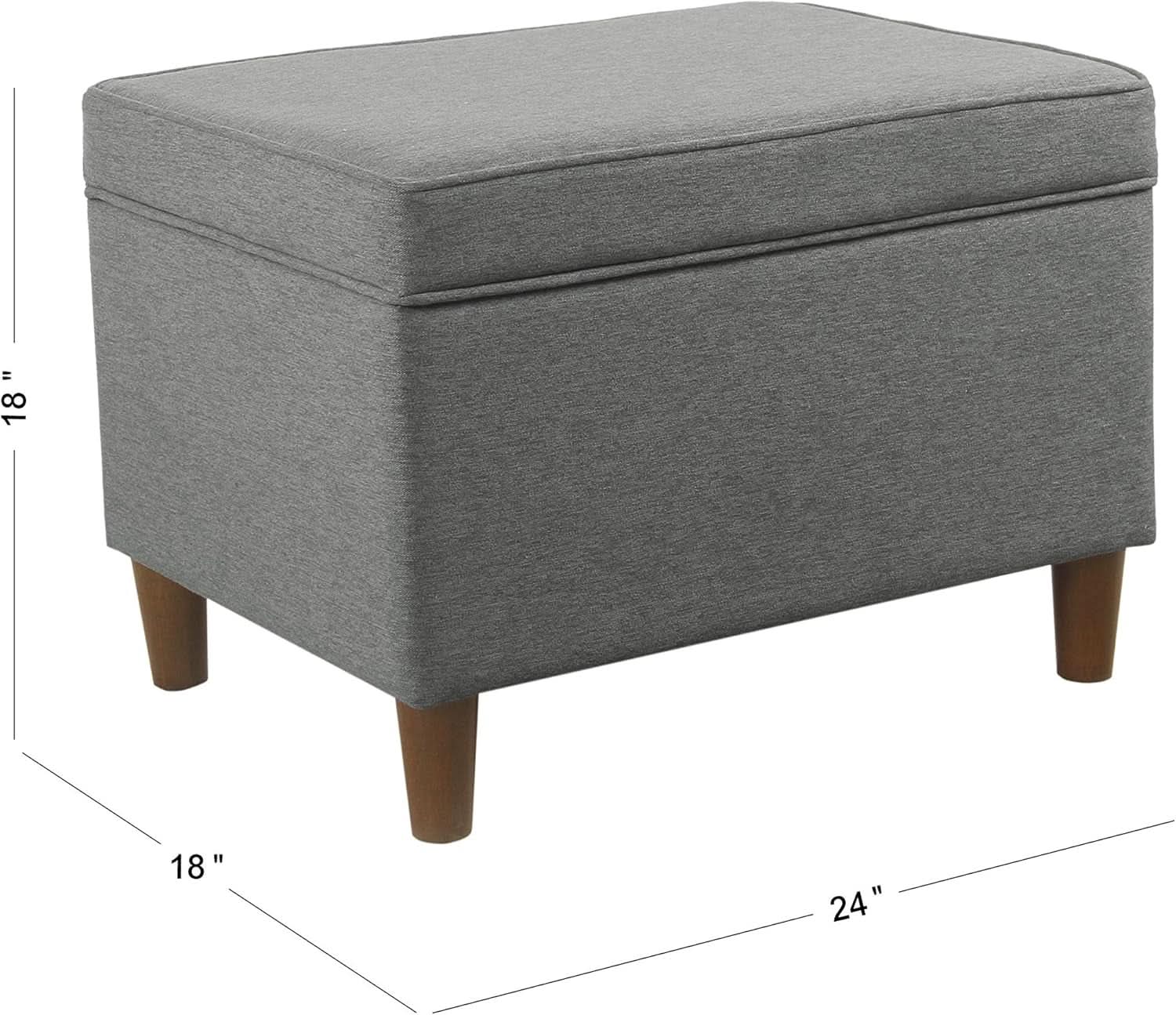24 inch gray fabric hidden storage ottoman with hinged lid and dark walnut wood legs — view 2
