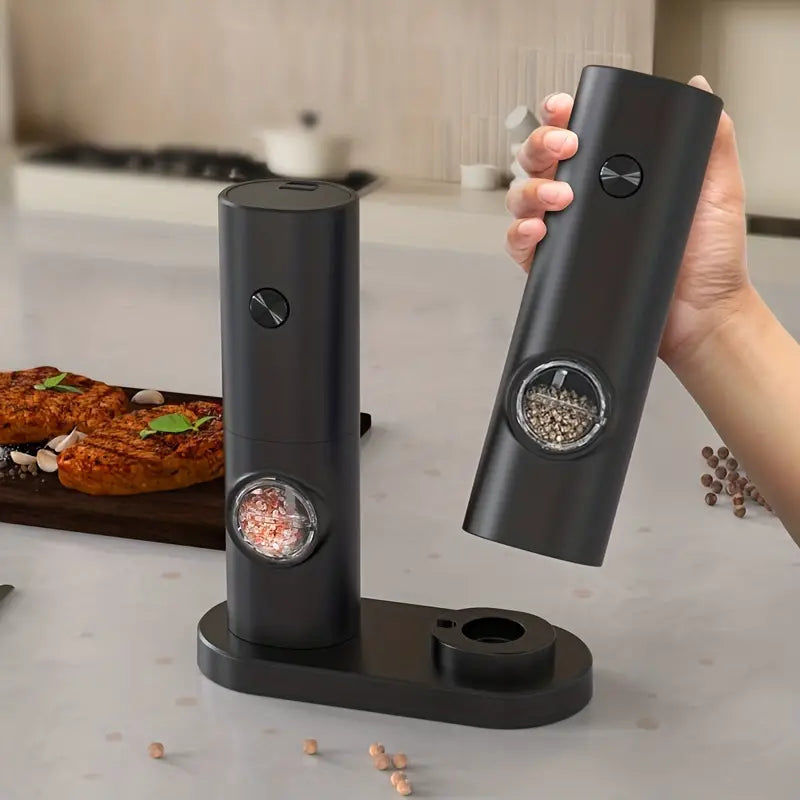 Two compact plastic electric pepper grinder and sea salt mills with one-touch button operation — view 4