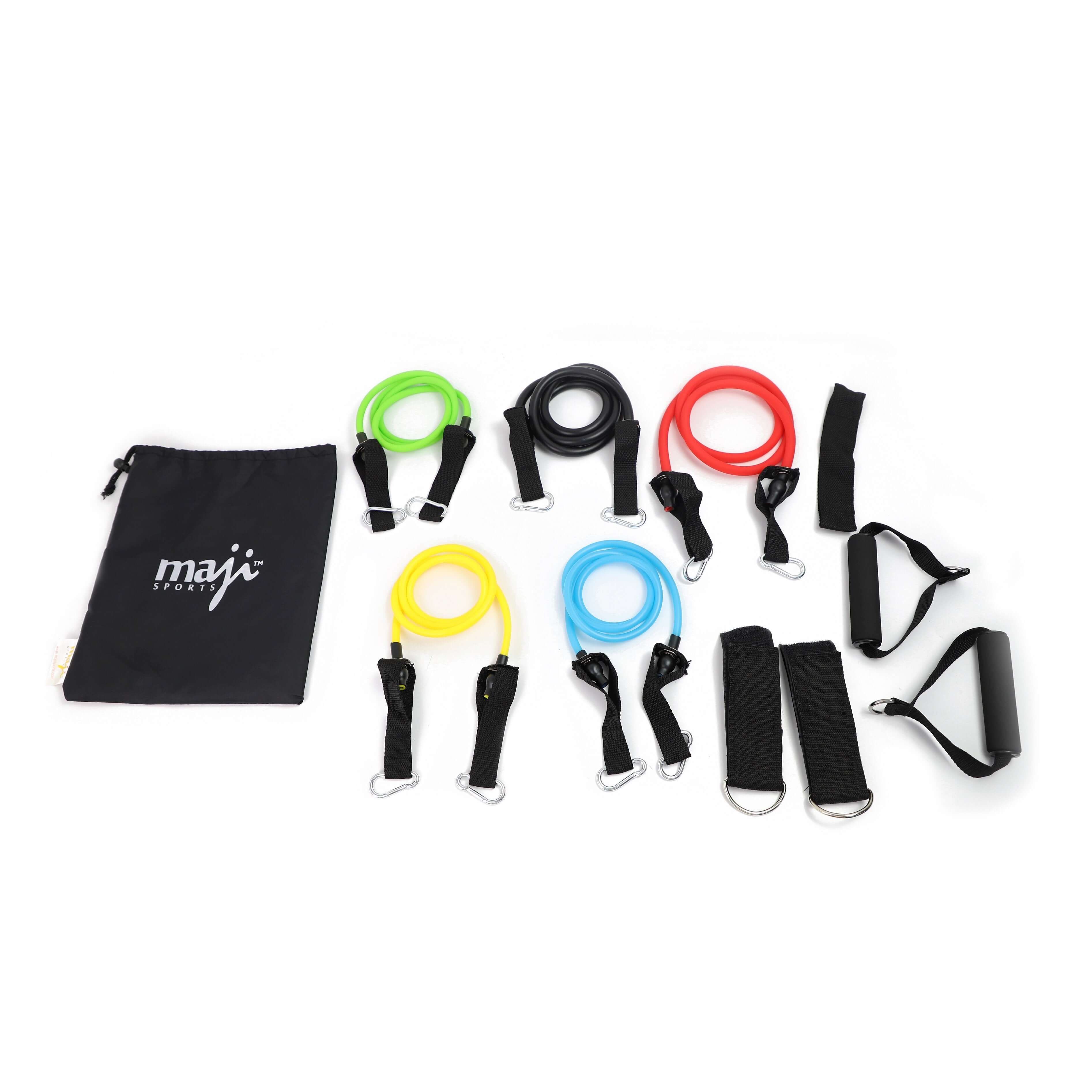 Maji Sports 11-piece max resistance tube kit with color-coded bands, handles, straps, and carry bag