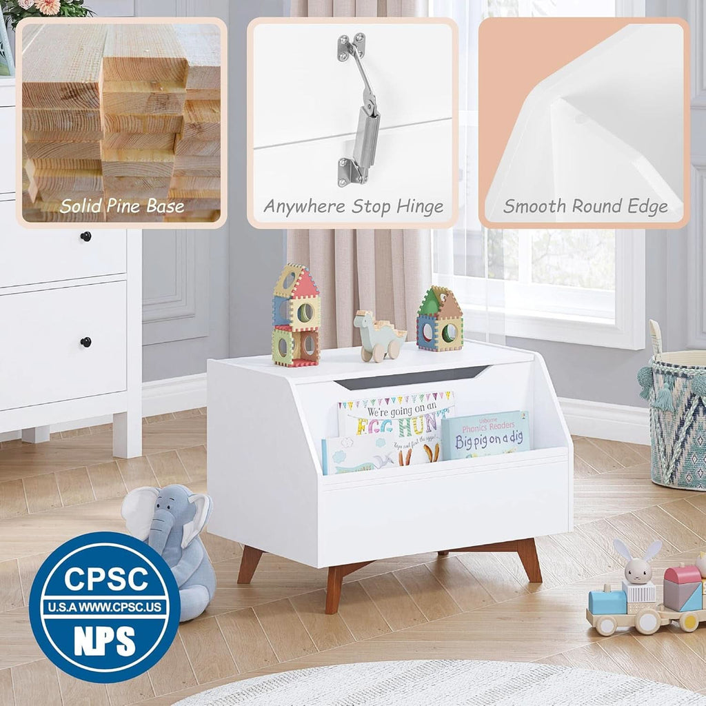 White solid wood toy chest with front-facing book display and slow-closing safety lid. — view 3