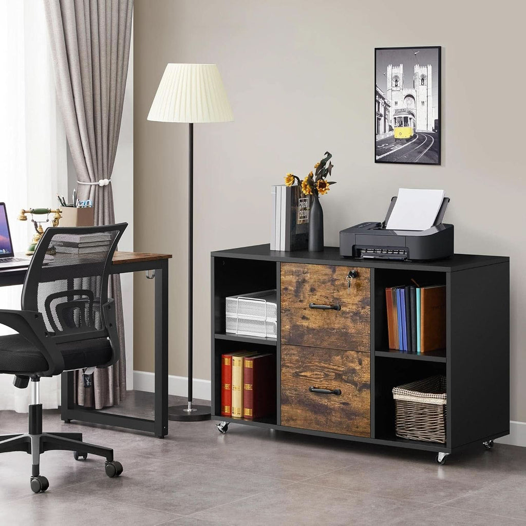 Black and rustic brown 2-drawer lateral filing cabinet with rolling castors and open compartments — view 2