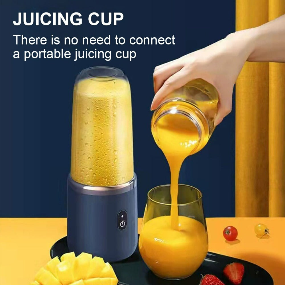 Portable electric juice blender with glass cup body and six stainless steel blades.