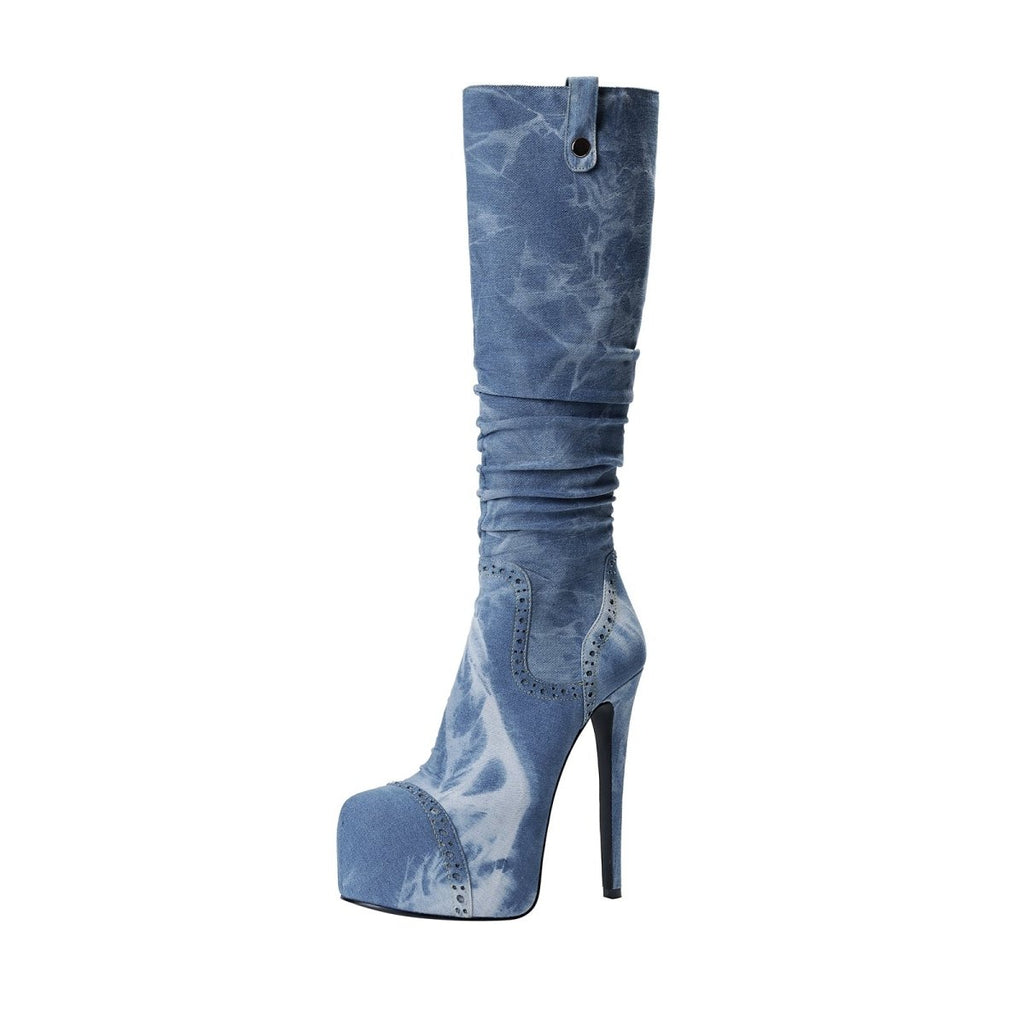 Elegant knee high washed denim stiletto boots with a pointed toe and rhinestone western paneling — view 3