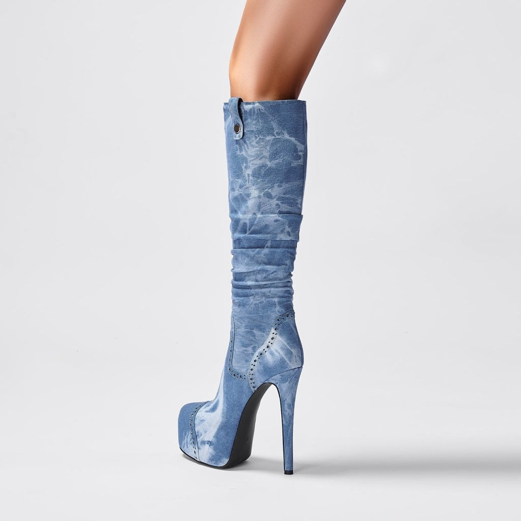 Elegant knee high washed denim stiletto boots with a pointed toe and rhinestone western paneling — view 2
