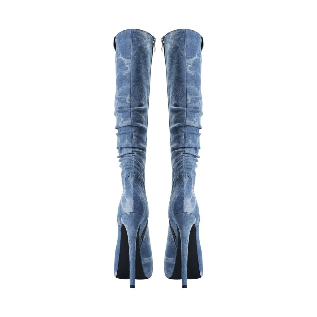 Elegant knee high washed denim stiletto boots with a pointed toe and rhinestone western paneling — view 5