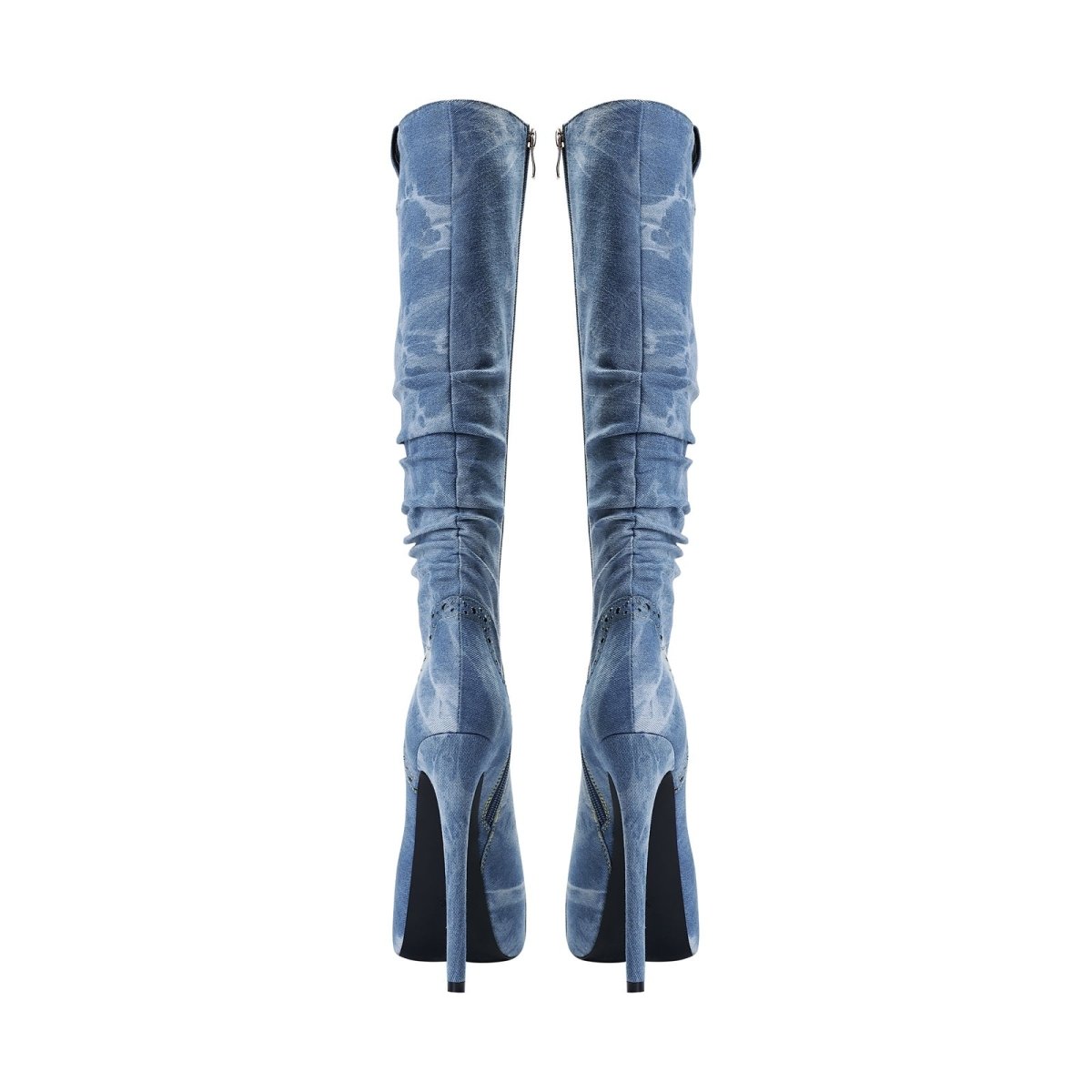 Elegant knee high washed denim stiletto boots with a pointed toe and rhinestone western paneling — view 5