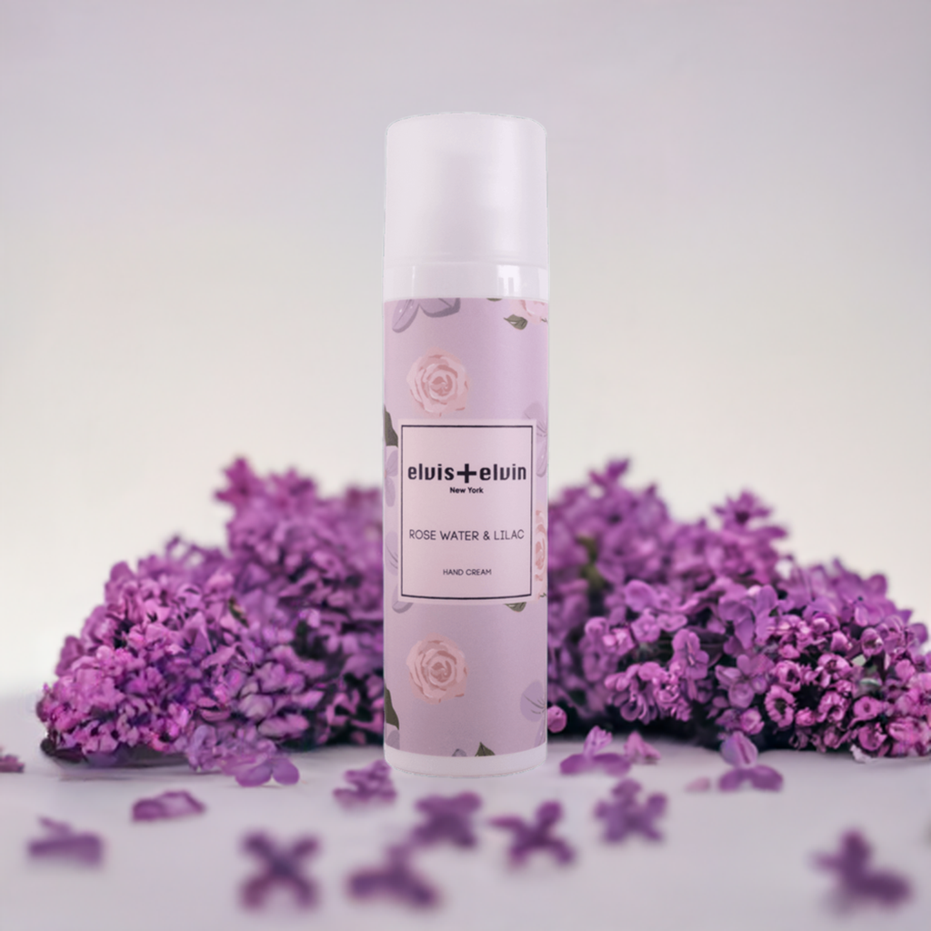 Rose water and lilac fragrance hand cream tube on a clean minimalist background — view 3