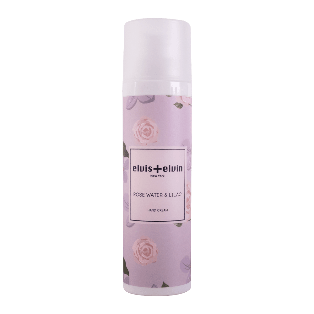 Rose water and lilac fragrance hand cream tube on a clean minimalist background