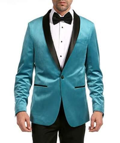 Turquoise velvet men's tuxedo blazer with black satin shawl lapel and single button closure — view 2