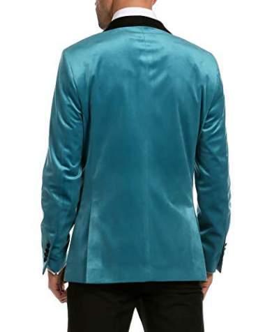 Turquoise velvet men's tuxedo blazer with black satin shawl lapel and single button closure — view 3