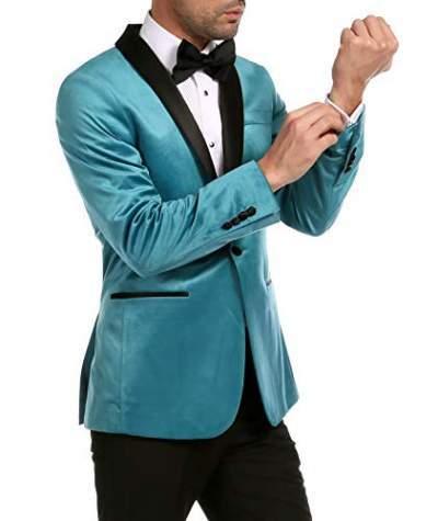 Turquoise velvet men's tuxedo blazer with black satin shawl lapel and single button closure — view 4