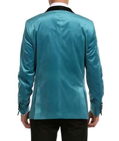 Turquoise velvet men's tuxedo blazer with black satin shawl lapel and single button closure — view 5