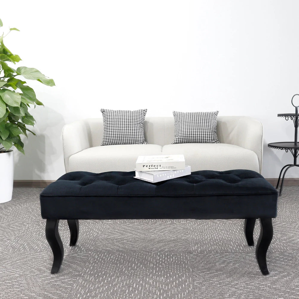 Navy blue Dutch velvet rectangle ottoman bench with sturdy wooden legs and plush comfortable cushioning