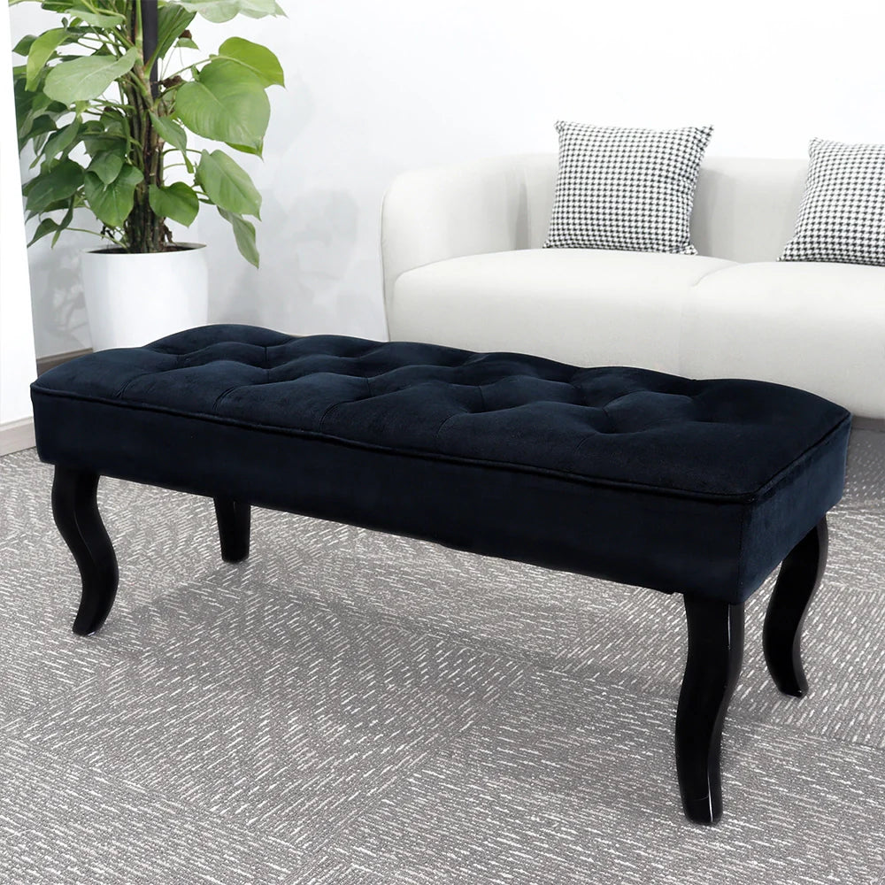 Navy blue Dutch velvet rectangle ottoman bench with sturdy wooden legs and plush comfortable cushioning — view 2