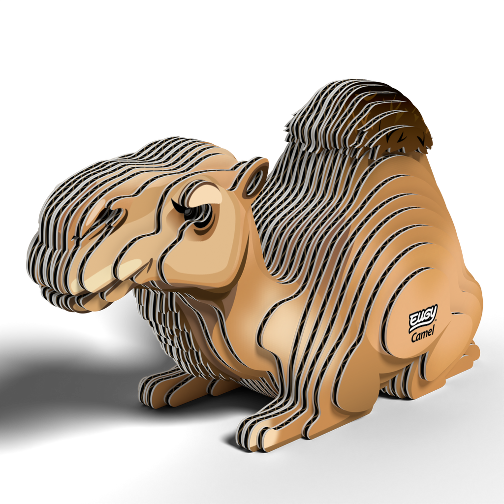 Assembled EUGY camel 3D puzzle made from biodegradable cardboard featuring a kneeling posture and single hump — view 3