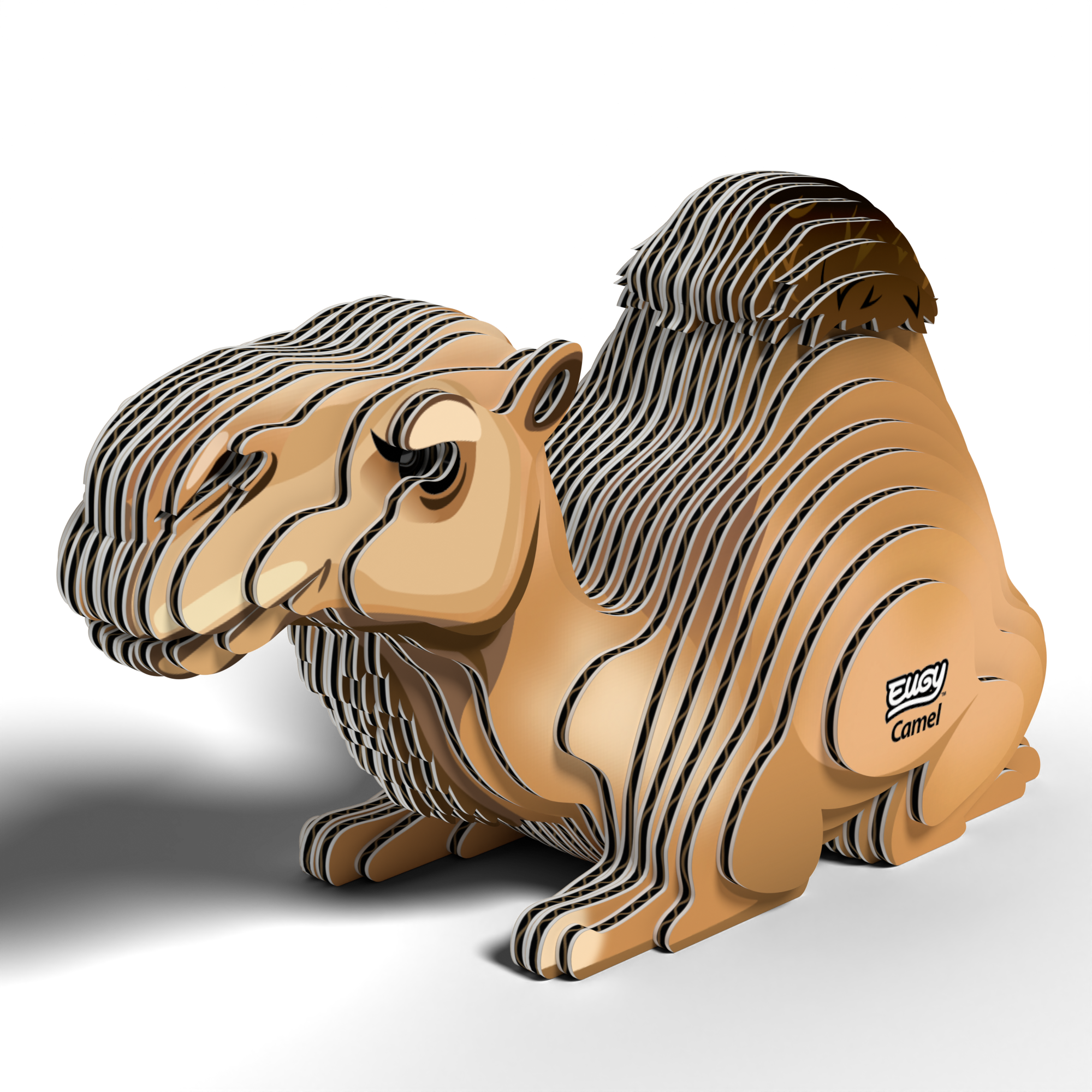 Assembled EUGY camel 3D puzzle made from biodegradable cardboard featuring a kneeling posture and single hump — view 3