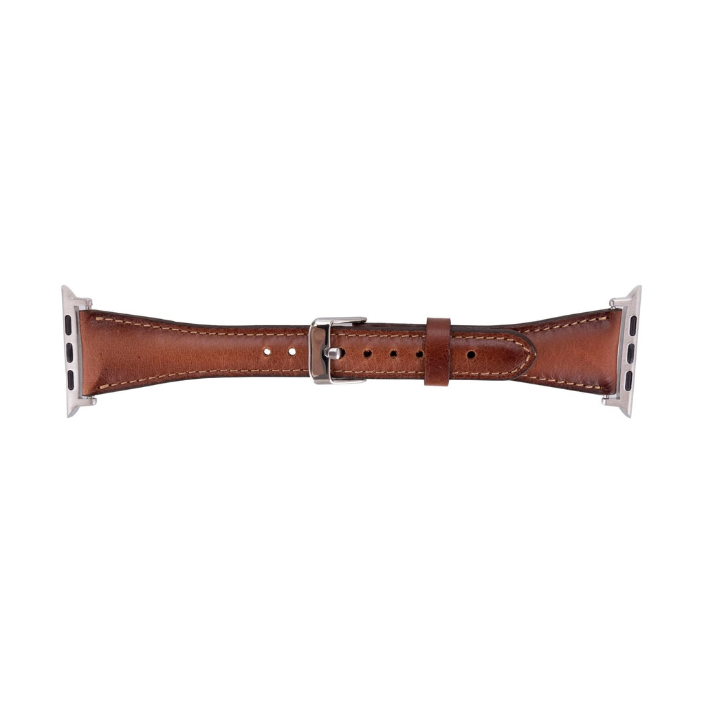 Slim genuine leather watch band attached to an Apple Watch, showcasing a rich natural patina — view 5