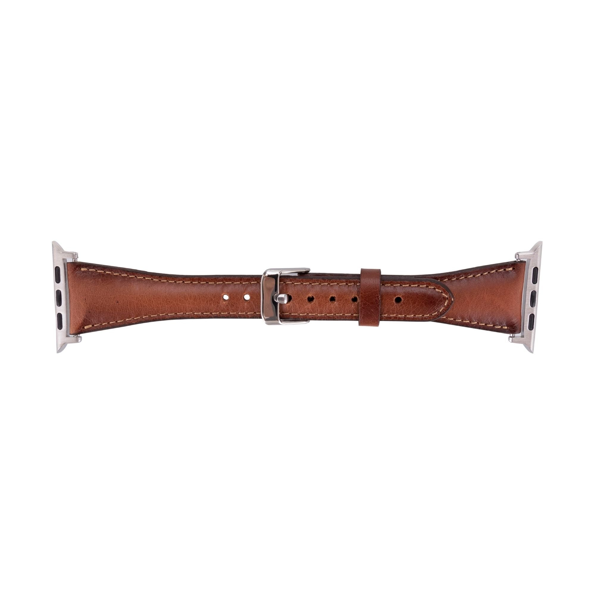 Slim genuine leather watch band attached to an Apple Watch, showcasing a rich natural patina — view 5