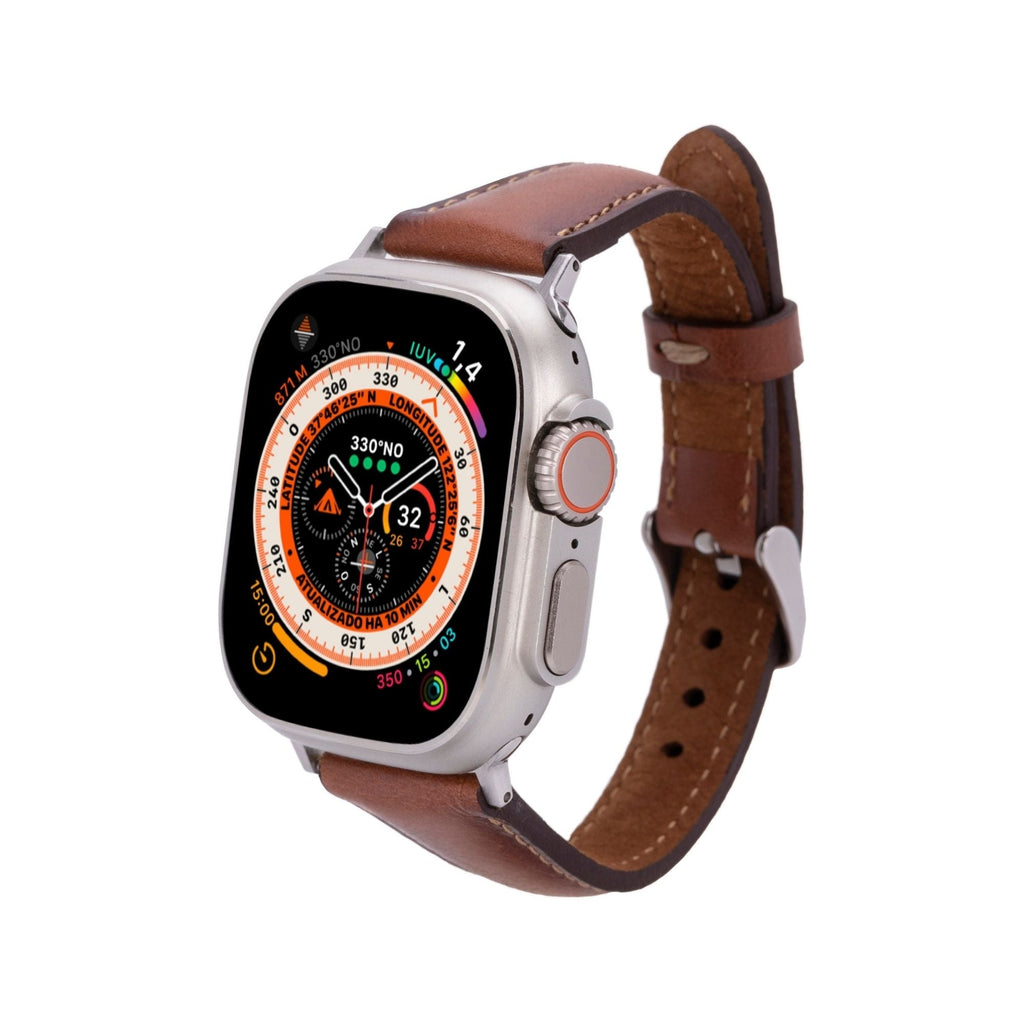 Slim genuine leather watch band attached to an Apple Watch, showcasing a rich natural patina