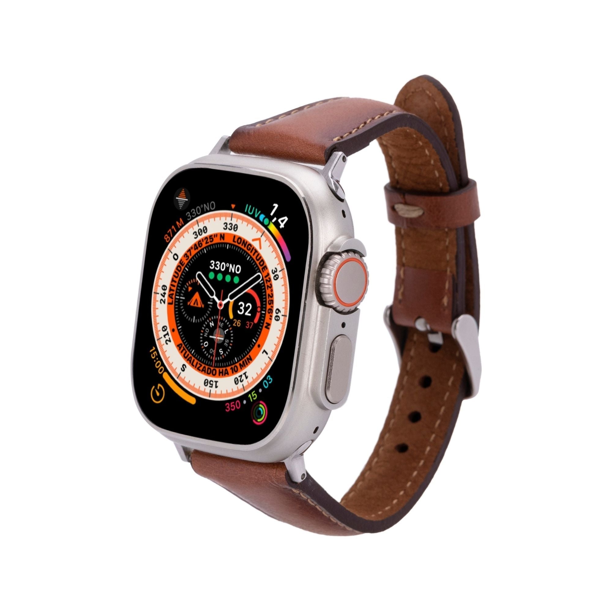 Slim genuine leather watch band attached to an Apple Watch, showcasing a rich natural patina