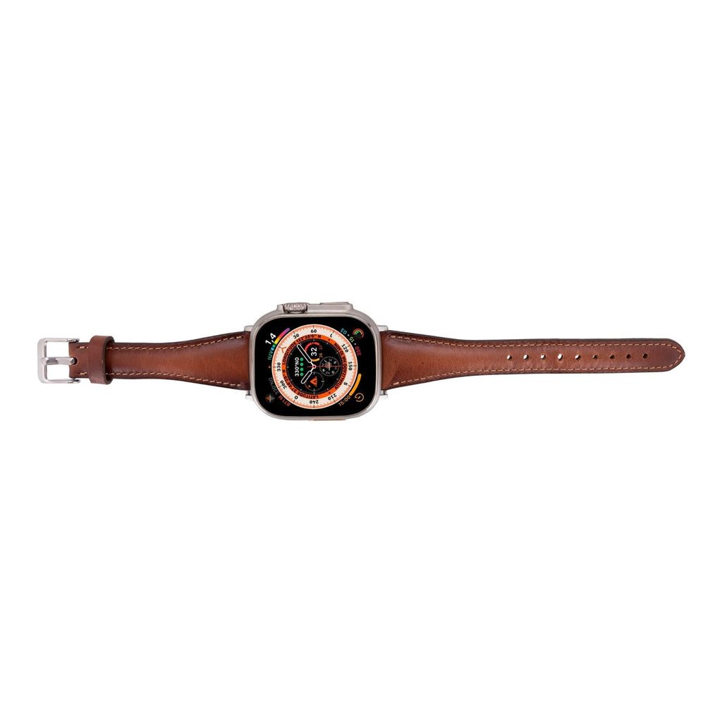 Slim genuine leather watch band attached to an Apple Watch, showcasing a rich natural patina — view 3