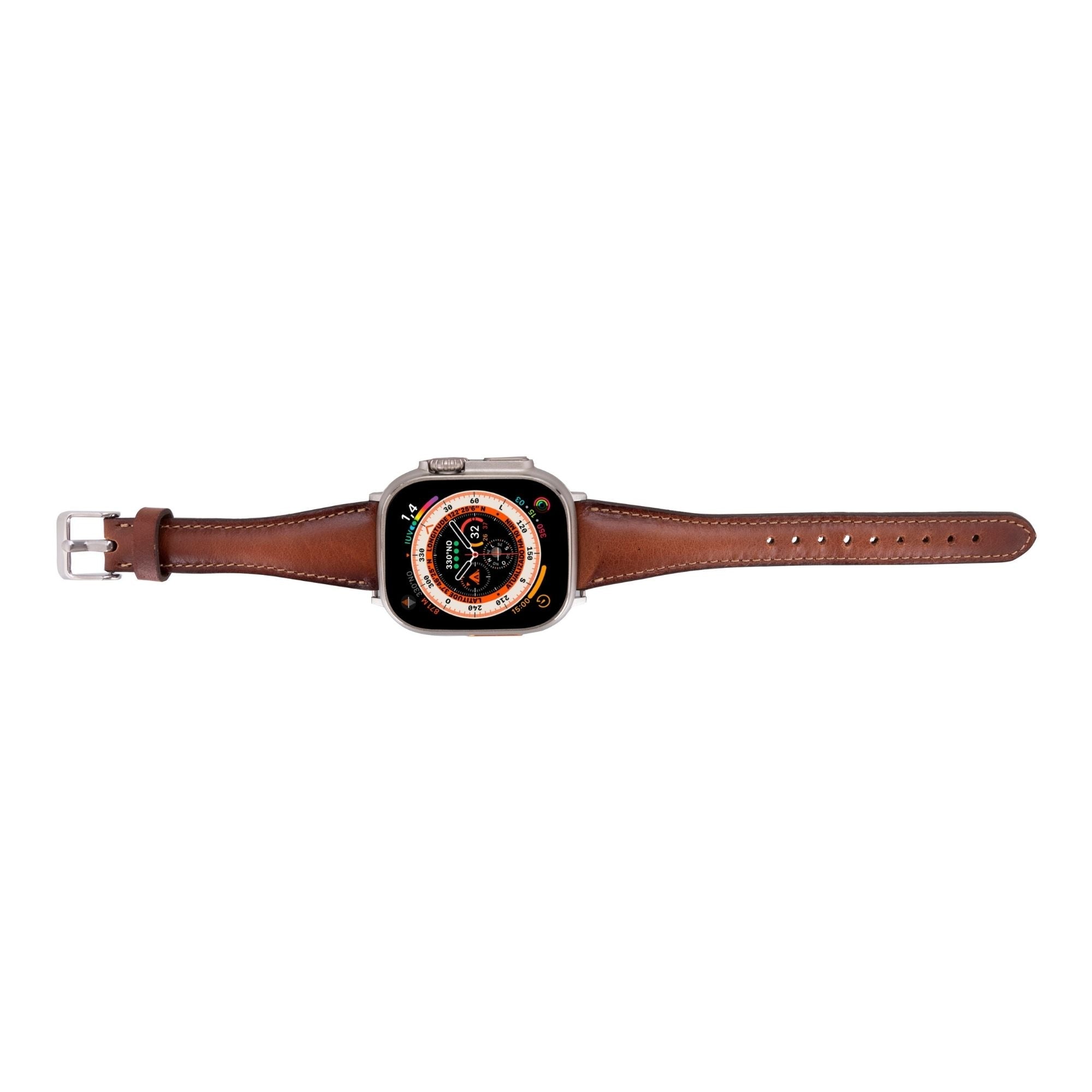 Slim genuine leather watch band attached to an Apple Watch, showcasing a rich natural patina — view 3