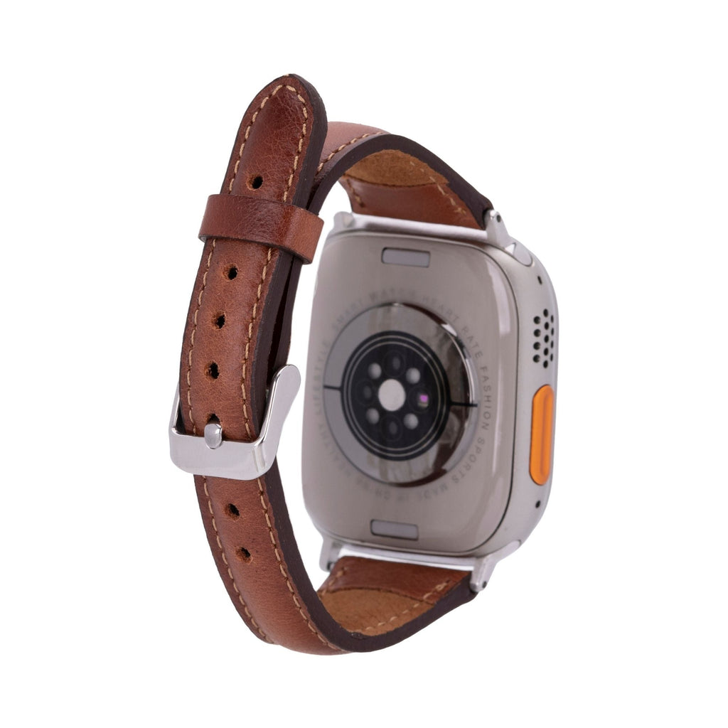Slim genuine leather watch band attached to an Apple Watch, showcasing a rich natural patina — view 2